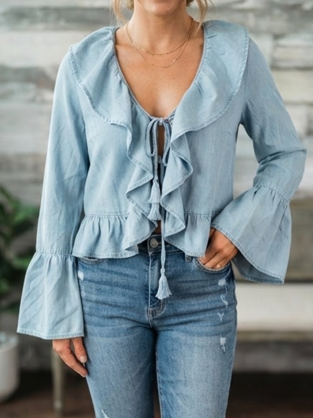NWT Light Blue Ruffle Tie Front Women's Cardigan